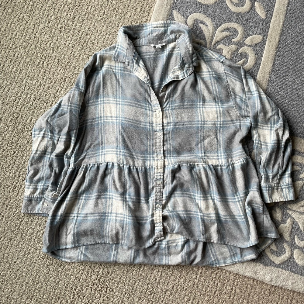 American Eagle Outfitters Blue and White Plaid Button-Front Peplum Top